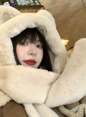 Little Bear Hat Scarf One piece Women's Winter Warm and Cute