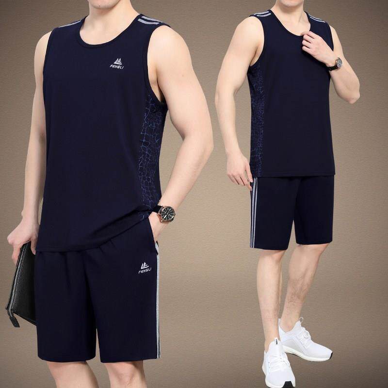 官网迈耐克斯中老年男士短裤背心外穿夏季冰丝中年爸爸运动服套装