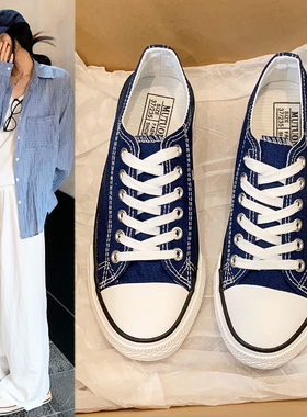低帮帆布鞋女藏蓝色2026春夏季新款系带板鞋百搭透气情侣款休闲鞋