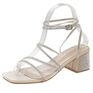 水钻凉鞋女2026年夏季新款粗高跟一字带绑带蛇形缠绕女士罗马鞋子