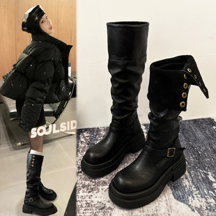 厚底增高不过膝长靴女2025秋冬季 长筒堆堆靴子两穿高筒骑士靴 新款