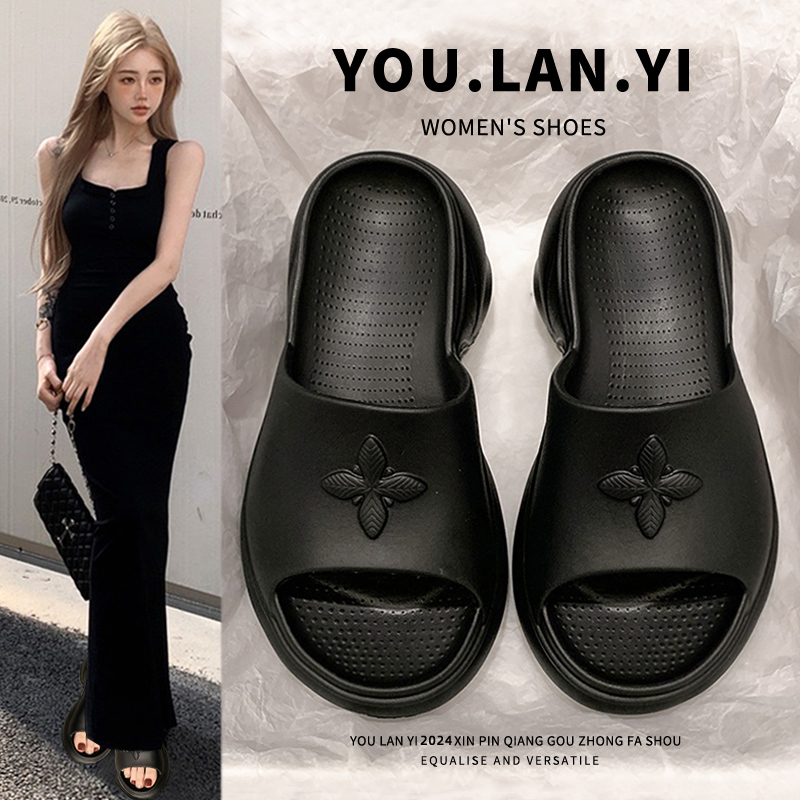 轻便松糕厚底拖鞋女外穿2026夏季新款黑色十字花超高跟增高一字拖