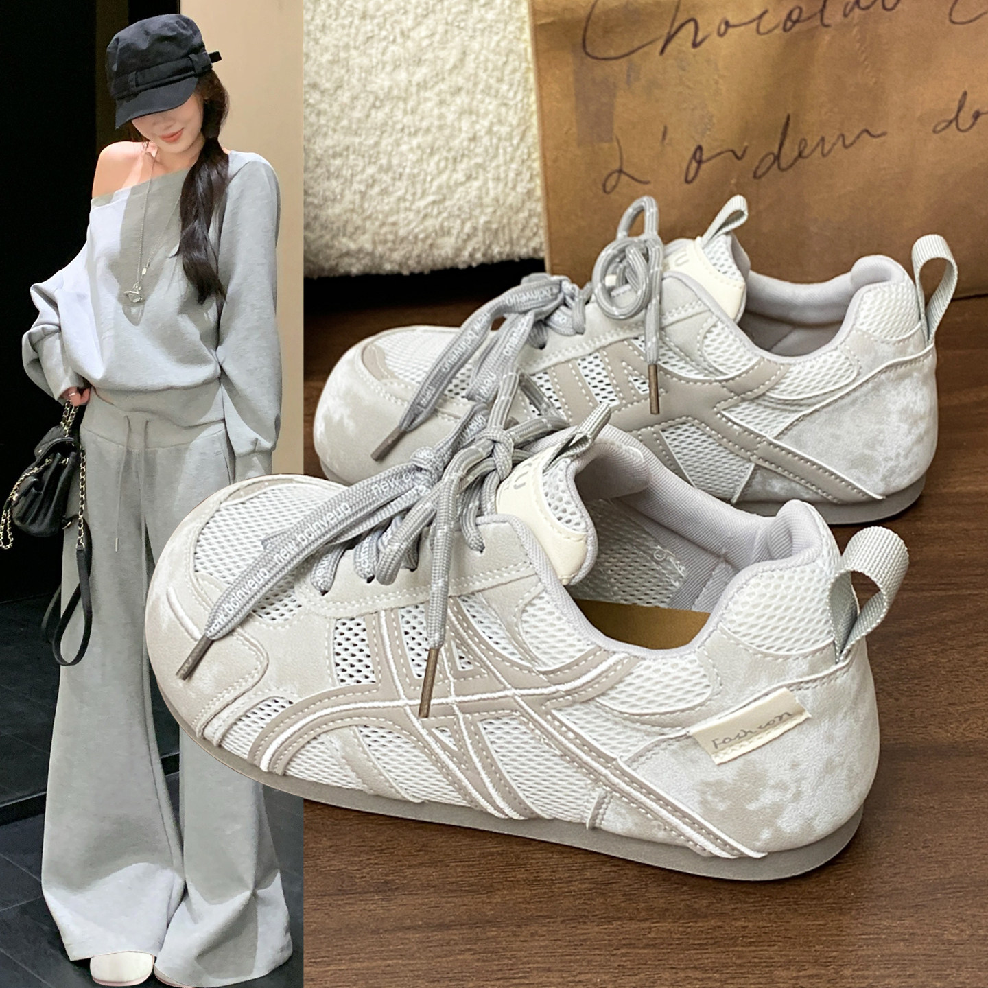 复古透气网面薄款德训鞋女夏2026新款内增高厚底百搭休闲运动板鞋