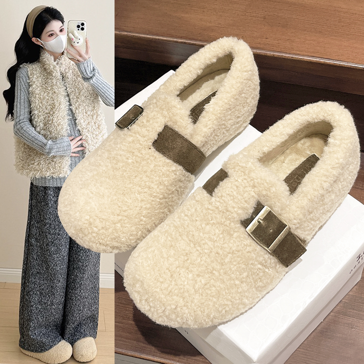 优兰意羊羔毛外穿复古勃肯棉鞋女