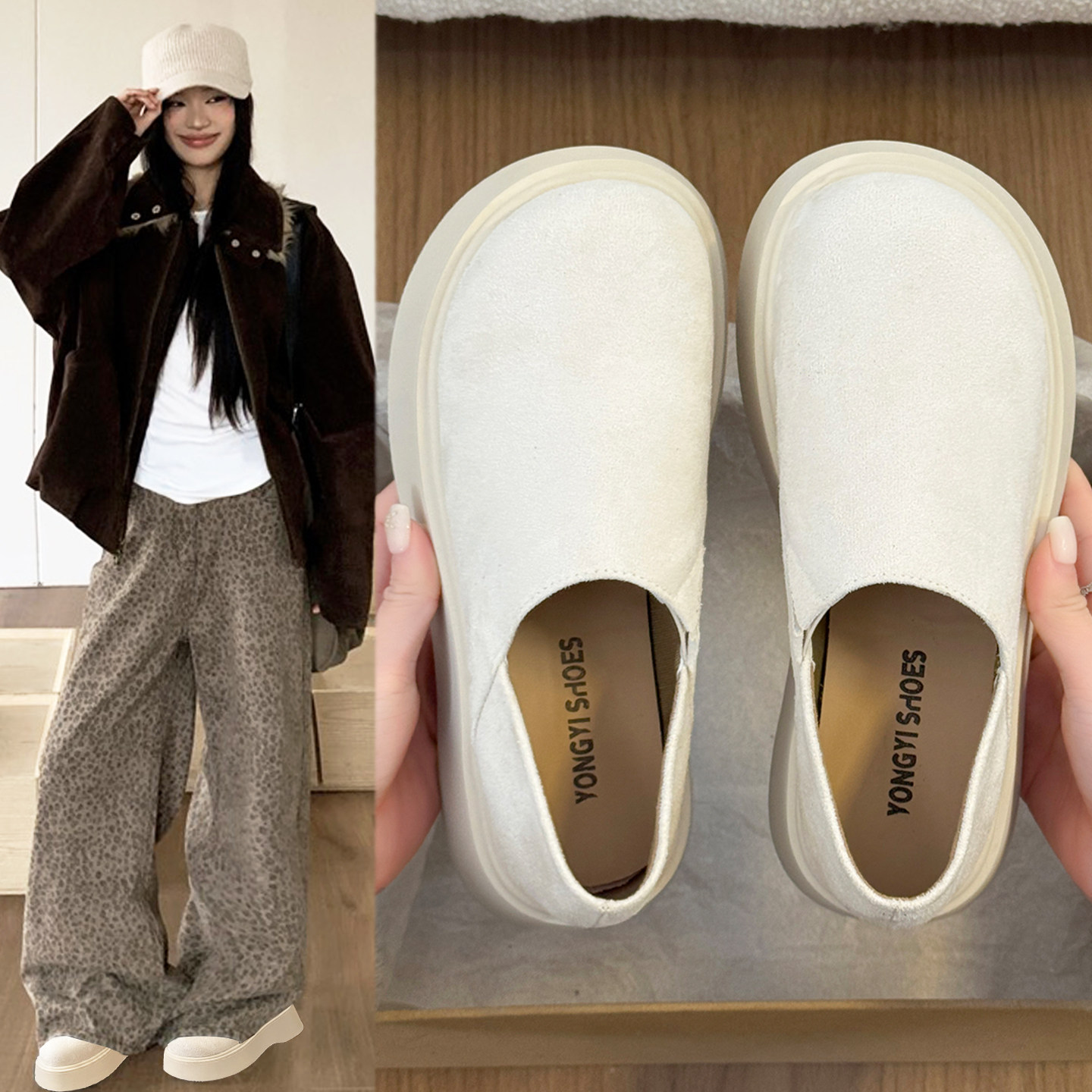 白色全包勃肯鞋女2026春季新款厚底增高一脚蹬懒人鞋百搭时尚单鞋