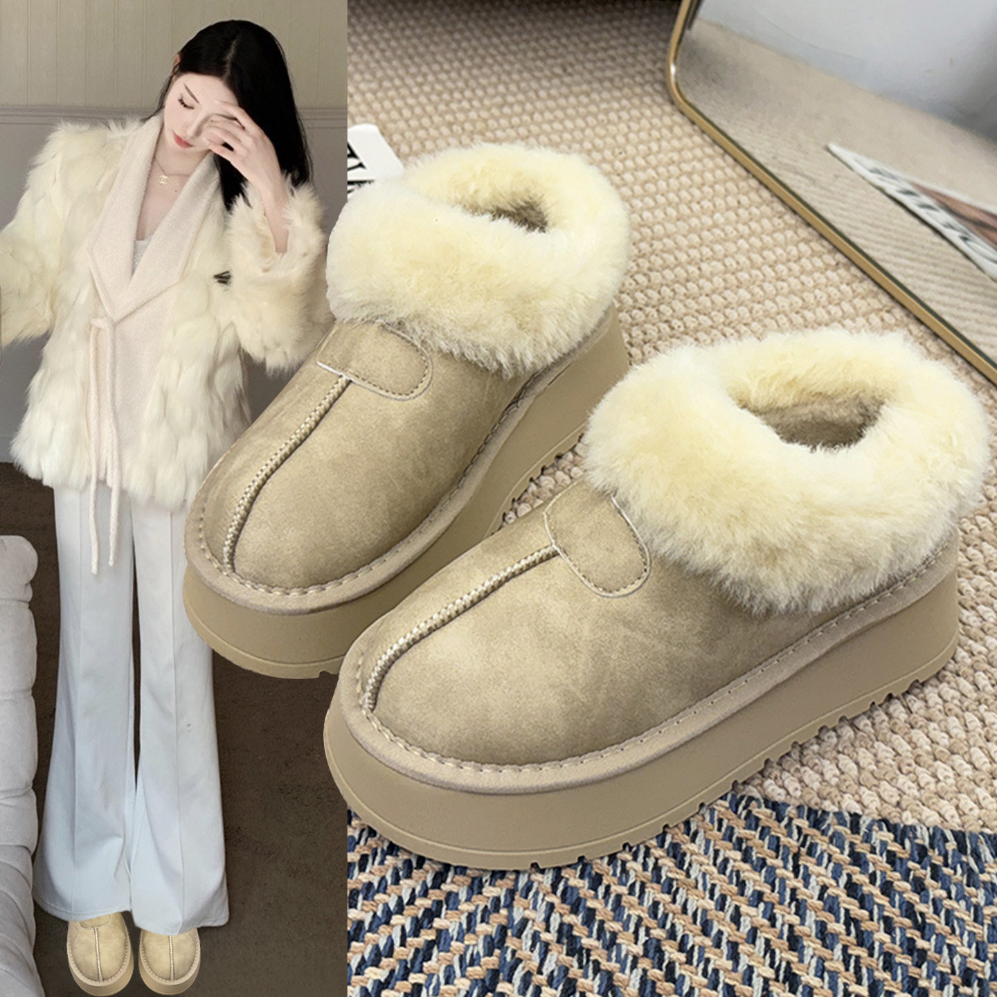 厚底防水皮面皮毛一体雪地靴女冬季加绒保暖毛毛短靴一脚蹬棉鞋子