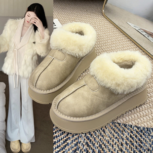 厚底防水皮面皮毛一体雪地靴女冬季 子 加绒保暖毛毛短靴一脚蹬棉鞋