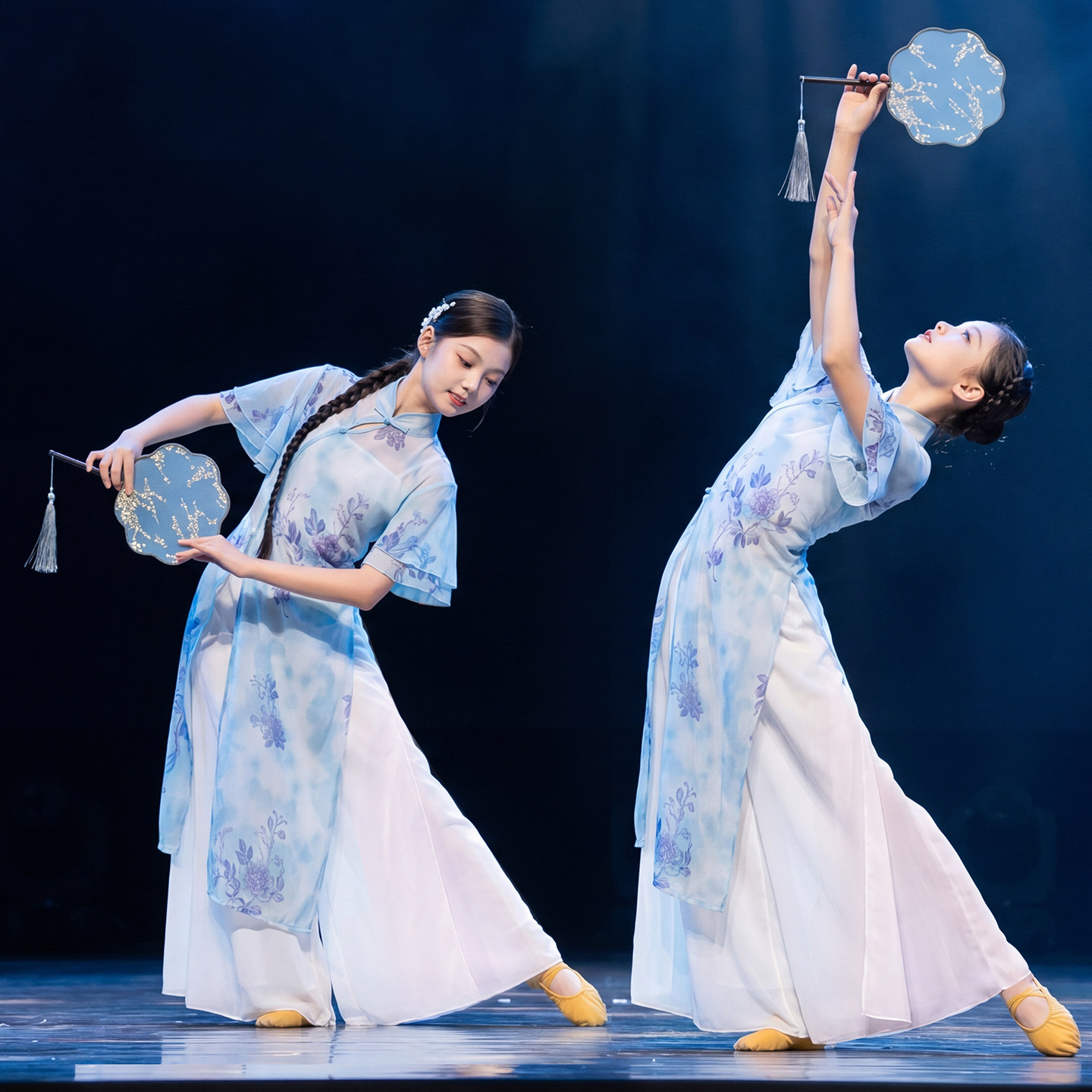 青花瓷演出服儿童国风立领旗袍纱衣套装古典舞飘逸团扇舞蹈练功服