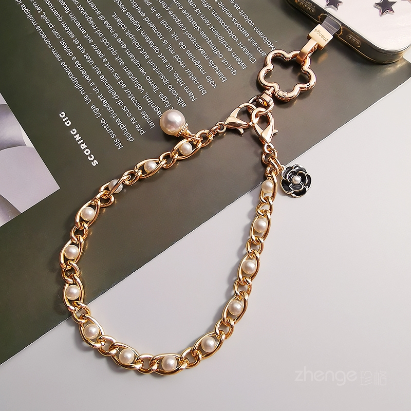 虹客手机链挂绳女士茶花珍珠锁链手腕绳短款精致高级感户外旅游逛街防丢摔手提手机壳绳子时尚小香风高端新品