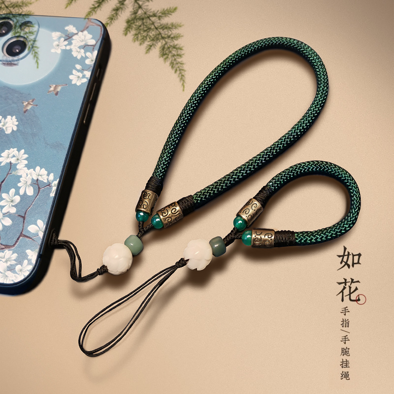 手机挂绳短款手腕绳指环腕带男女款中国风手工编织手机链挂件手提复古菩提莲花结实耐用挂链防摔饰品防丢吊坠