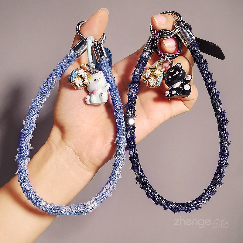 虹客手机挂绳破洞牛仔布手腕绳短款个性时尚舒适手提带户外旅游爬山行逛街防丢摔电话套壳挂件超好看女士新品