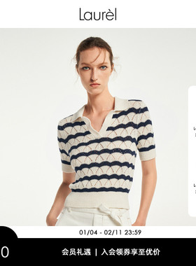 【长绒棉】Laurel劳芮新款航海波浪条纹V领上衣女LWL352M09400