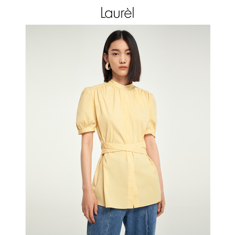 LAUREL无袖压褶立领通勤衬衫