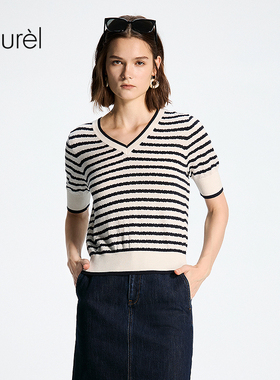 【内蒙山羊绒】Laurel劳芮26春新款条纹V领针织衫LWD371M00700