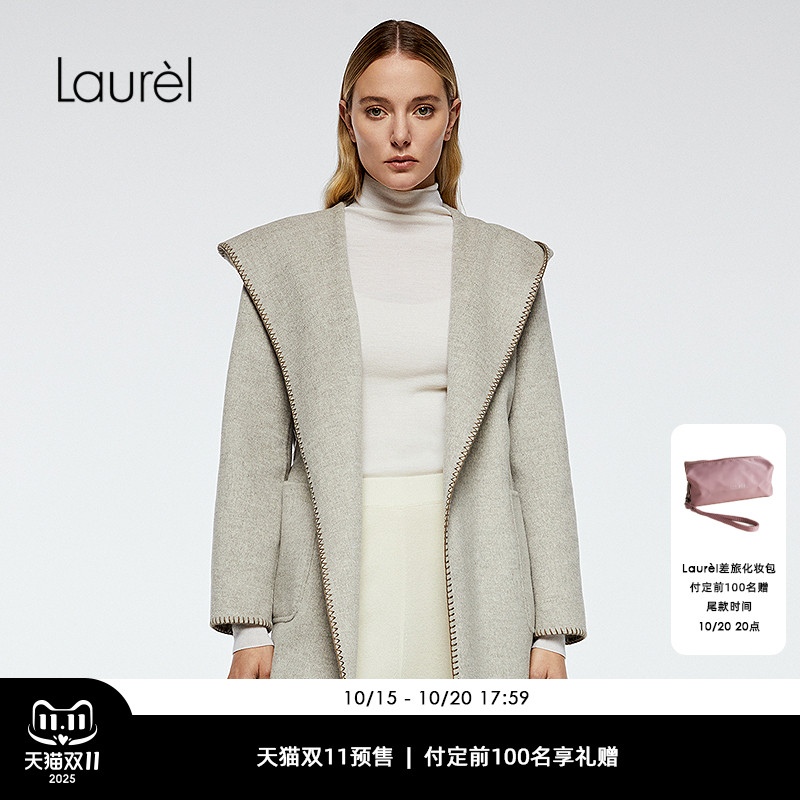 【绵羊毛】Laurel劳芮25秋新款连帽系带中长款大衣LWD364D00900