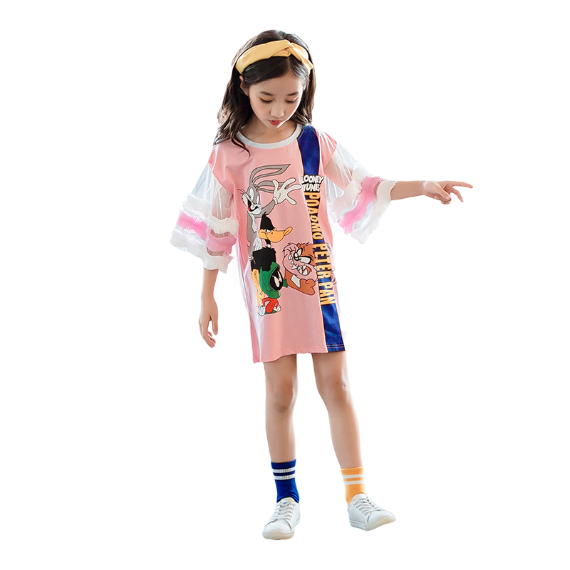 女童长款t恤裙连衣裙喇叭蕾丝袖短袖宽松夏款中大童母女装亲子装