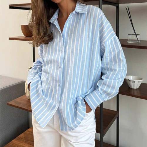 2025 long sleeved cardigan striped shirt for women