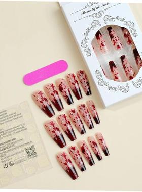 24pcs Long Coffin Shaped False Nails With Bloodstain Design