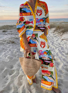 2025 Cruise Outfit Printed Women's Set Shirt Cover