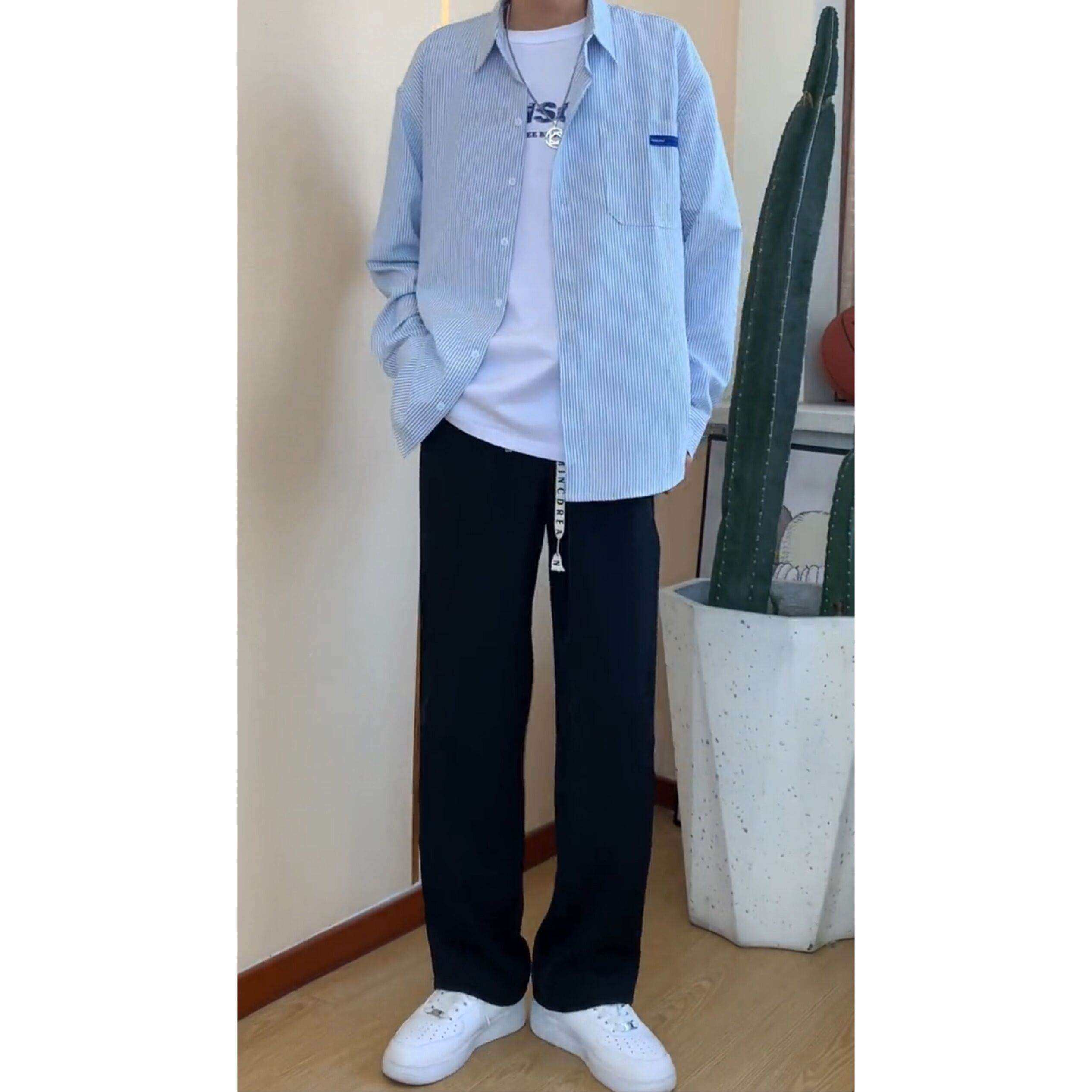 偏瘦男生显高一身搭配垂感休闲西裤长裤干净休闲条纹衬衫搭直筒裤