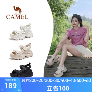 2025夏季 运动老爹凉鞋 骆驼女鞋 新款 女款 厚底增高休闲魔术贴沙滩鞋