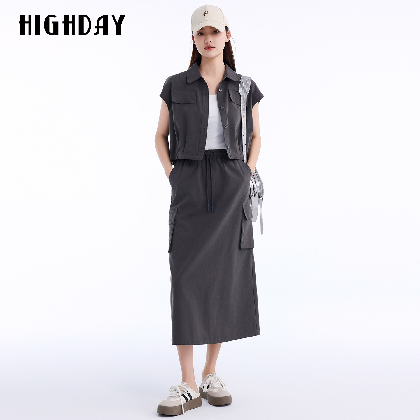 HIGHDAY轩日2026夏新款深灰色工装风半身裙女松紧腰抽绳中长款