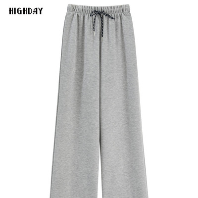 highday轩日2025冬季新款高腰休闲裤女浅灰直筒裤子抽绳运动裤ins