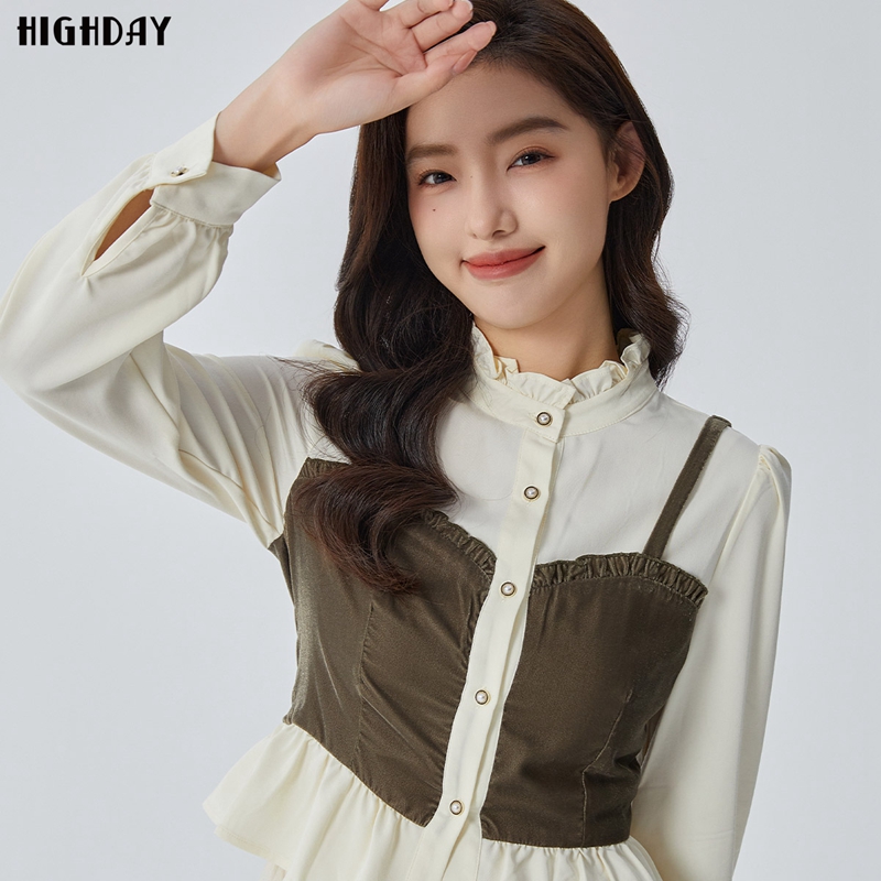 highday轩日2024早春新款假两件上衣女立领衬衫优雅木耳花边衬衣