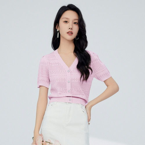 鲁思蒂短袖V领针织衫女2026新款夏薄款镂空透气凉感短款开衫上衣
