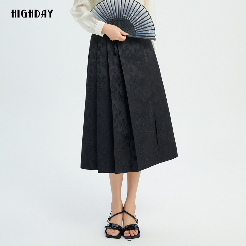 轩日2025春秋新款高腰半身裙女商场同款黑色提花百褶a摆裙中长裙