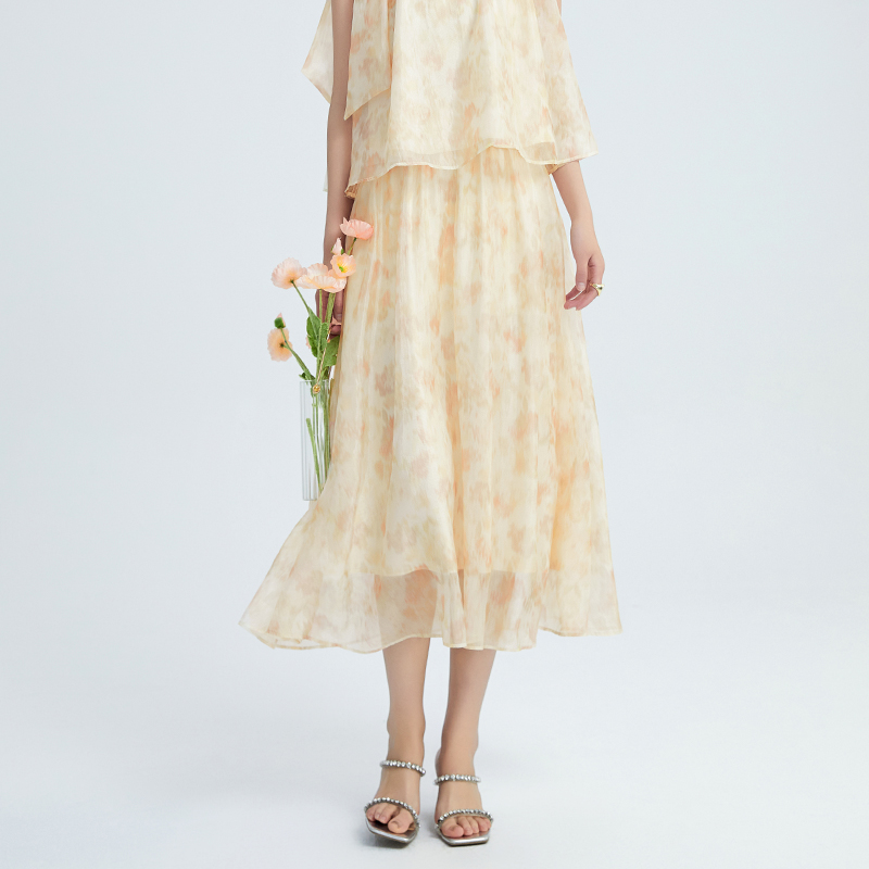 鲁思蒂印花半身裙女2024新款夏季气质垂坠感高腰显瘦网纱中长裙子