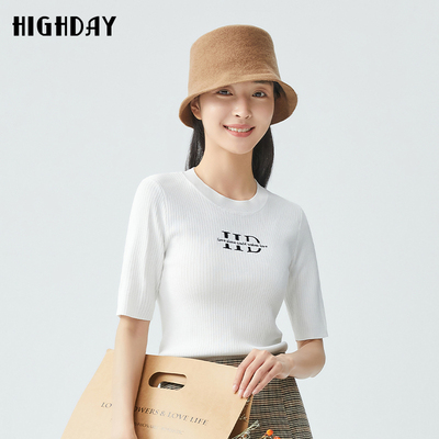 highday轩日针织衫女2025春秋新款中袖字母修身上衣圆领打底衫ins
