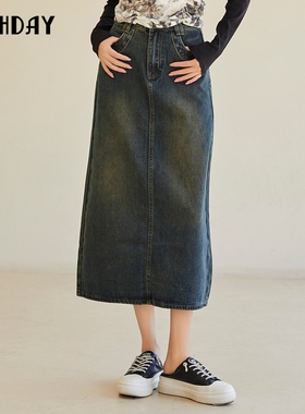 highday轩日2023秋新款高腰开叉牛仔裙女做旧设计口袋过膝半身裙