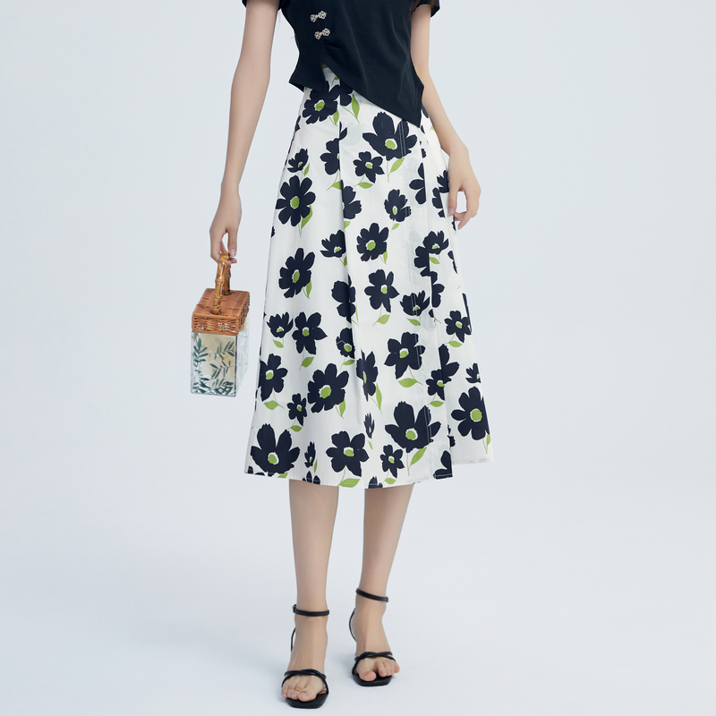 鲁思蒂印花半身裙女2025新款夏季小个子气质时尚高腰显瘦中长裙子