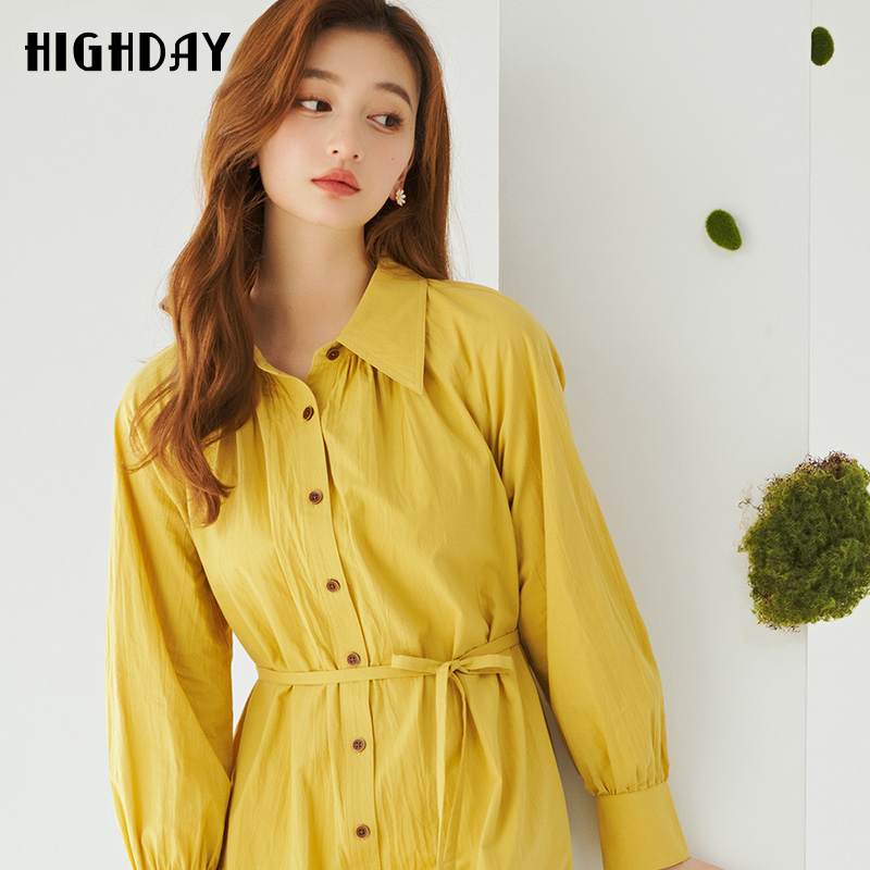 highday轩日2023春秋翻领宽松衬衫裙女长袖亮色收腰长袖连衣裙ins