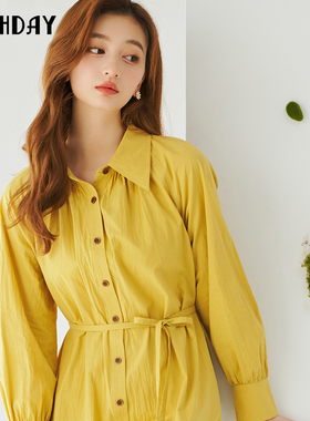 highday轩日2023春秋翻领宽松衬衫裙女长袖亮色收腰长袖连衣裙ins