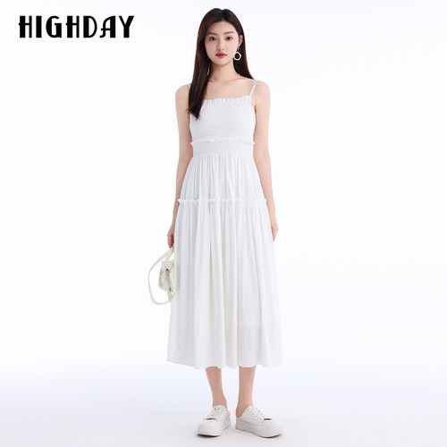 HIGHDAY轩日白色吊带连衣裙2026夏木耳边打揽收腰大摆显瘦中长裙