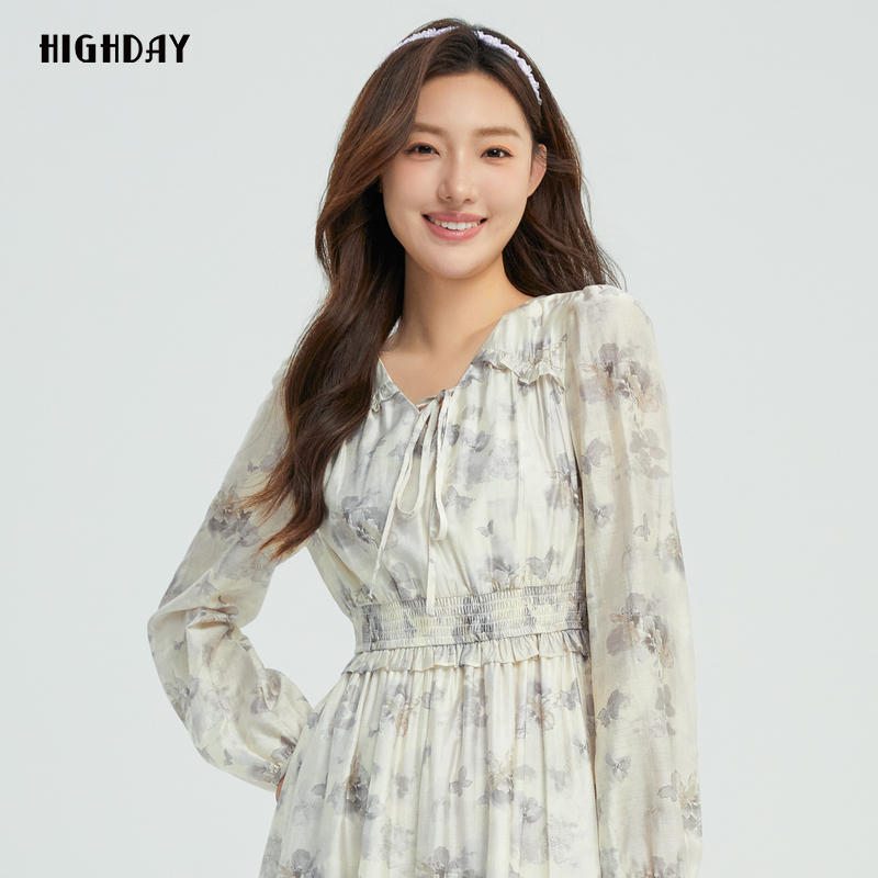 轩日2025春秋新款印花高腰女裙洋气修身木耳边系带长袖连衣裙长裙