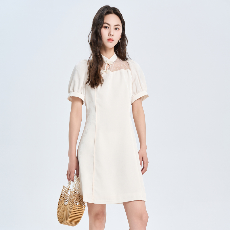 鲁思蒂新中式短袖连衣裙女2025新款夏季气质改良旗袍国风网纱裙子