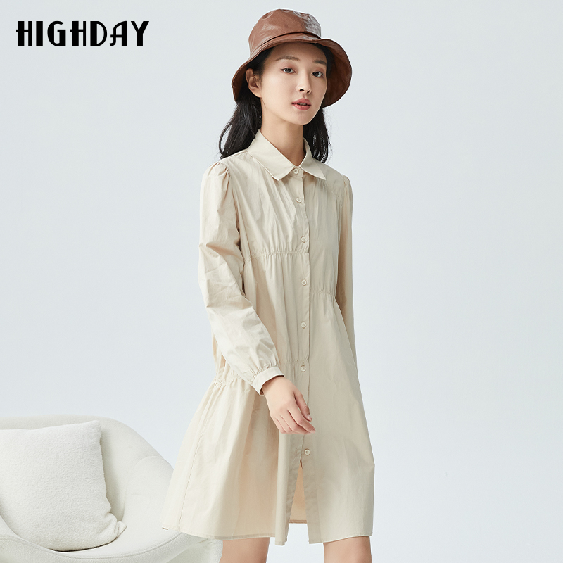 highday轩日2025春秋新款宽松泡泡袖衬衫裙女纯色a字长袖连衣裙潮