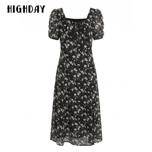 highday轩日26夏装新款大领口法式印花裙女商场款抽褶修身连衣裙