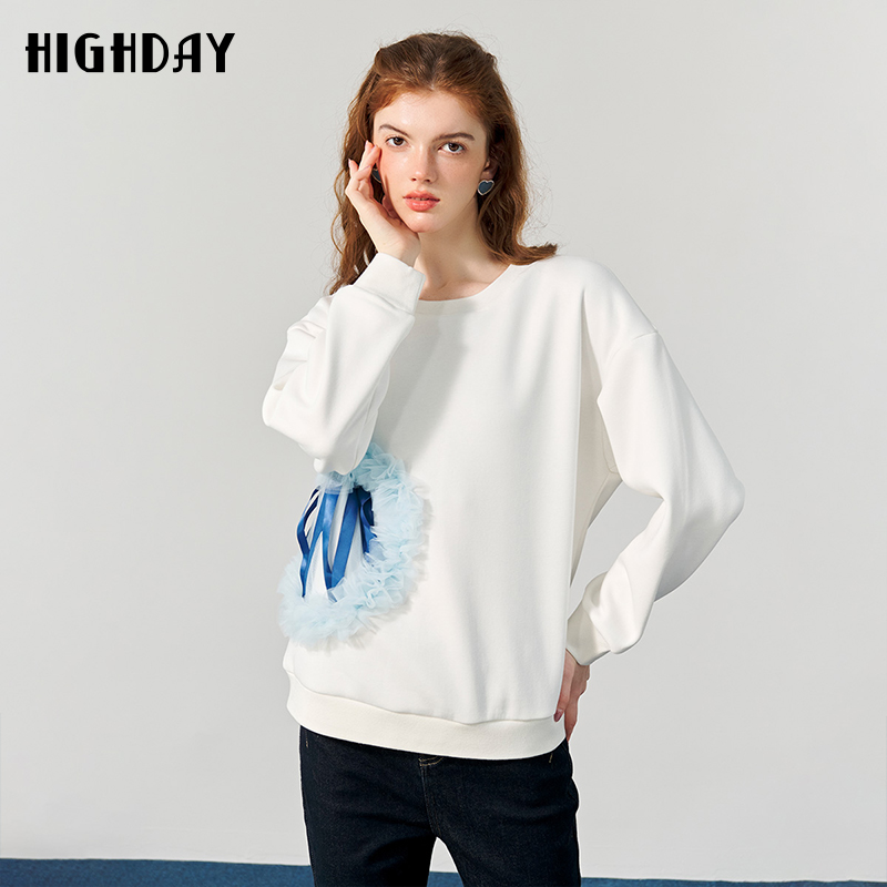 highday轩日冬季长袖白色宽松卫衣女慵懒风爱心设计感圆领上衣ins