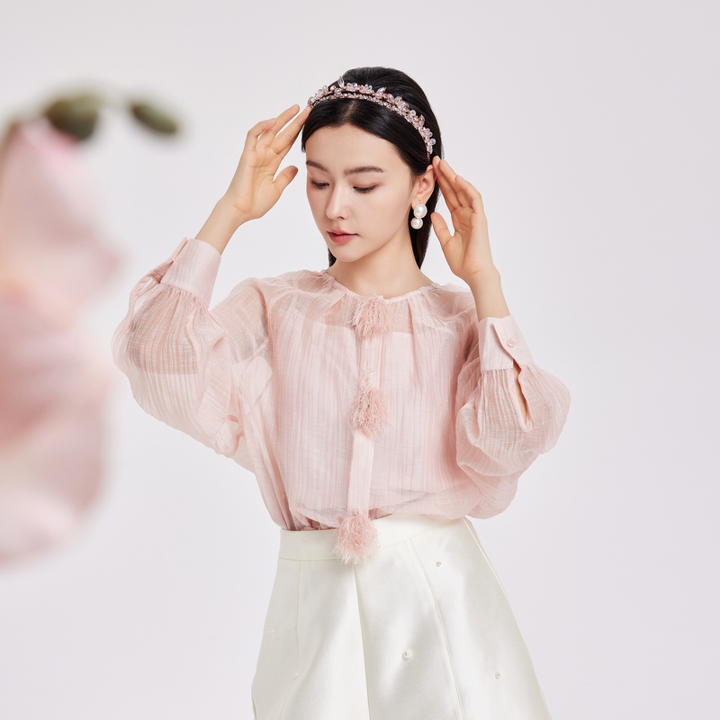 鲁思蒂粉色长袖衬衫2024新款女早秋季时尚设计感小众气质休闲上衣