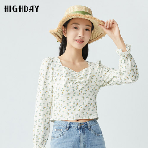 highday轩日2026春秋新款方领碎花衬衣女长袖修身洋气短款上衣ins