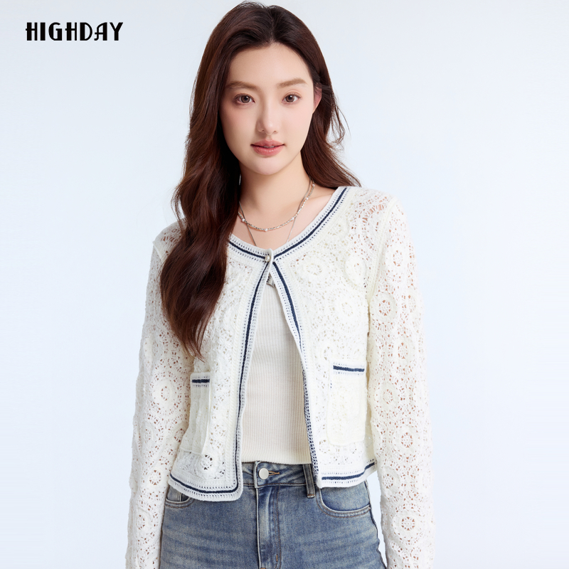 highday轩日白色针织开衫短外套2025春季薄款设计感镂空上衣