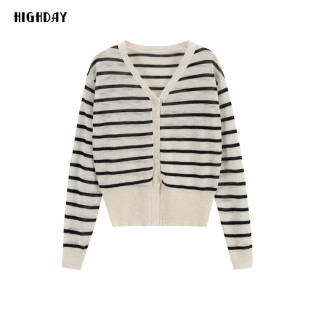 highday轩日2025春秋新款黑白条纹针织上衣女洋气V领薄款开衫外套