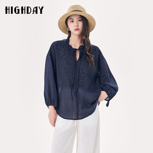 highday轩日2026春季新100%苎麻法式木耳边刺绣衬衫系带宽松上衣
