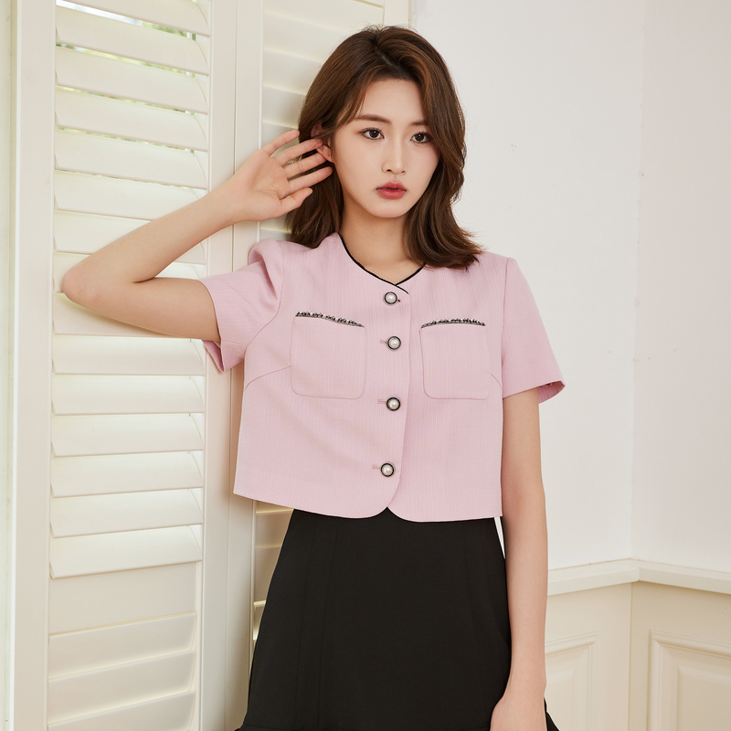 鲁思蒂小香风短袖衬衫2024新款女夏季设计感小众时尚短款外套上衣