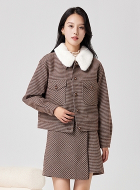 Lucidy鲁思蒂咖色格子小香风外套24冬款毛领百搭中长款休闲上衣