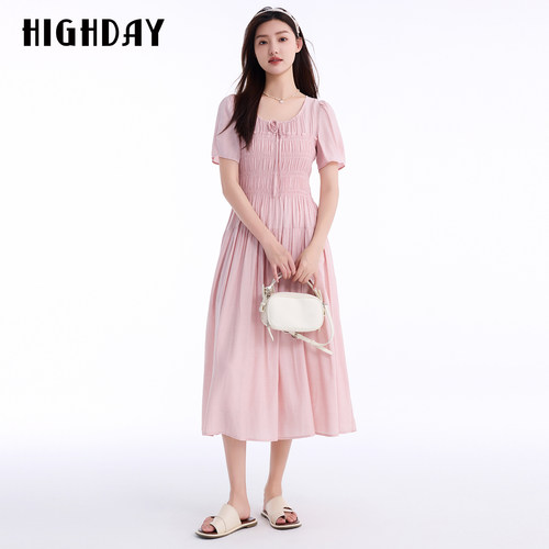 HIGHDAY轩日2026夏新款粉色方领收腰连衣裙女温柔风泡泡袖打揽